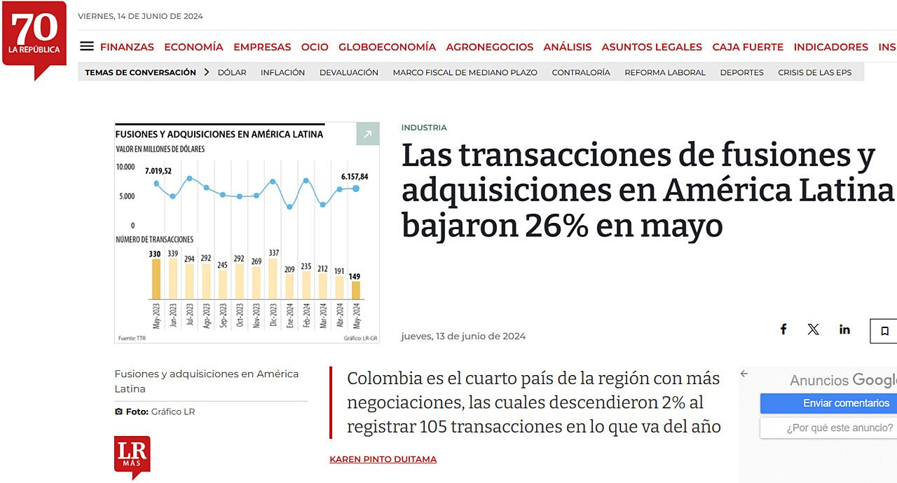 Las transacciones de fusiones y adquisiciones en Amrica Latina bajaron 26% en mayo